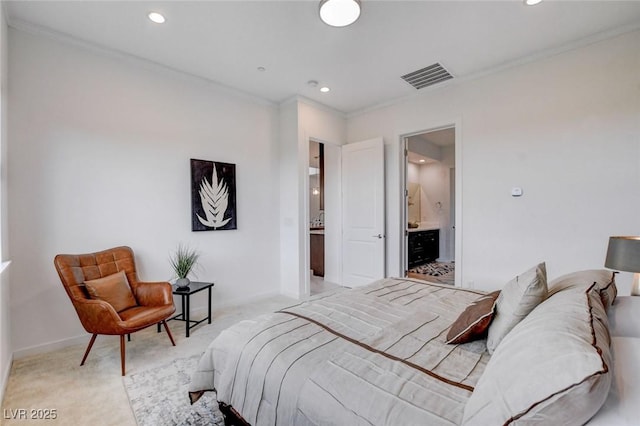 350 Gandara St, Las Vegas, NV 89138 - carpeted bedroom featuring crown molding, recessed lighting, ensuite bath, and baseboards