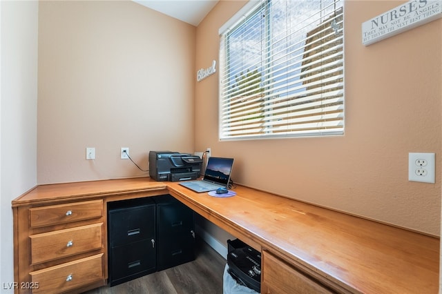 office with healthy amount of natural light and dark wood finished floors