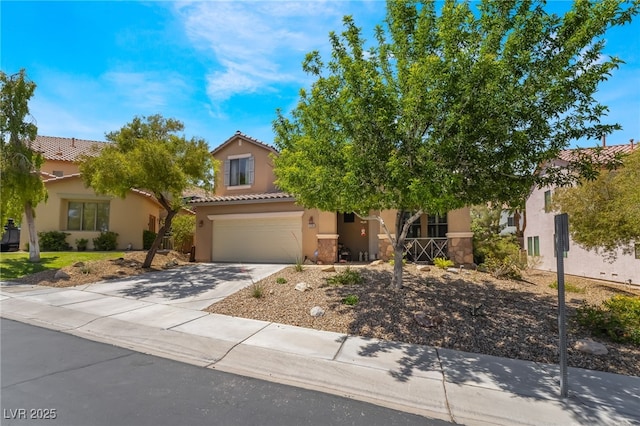 obstructed view of property with an attached garage, driveway, a tile roof, and stucco siding