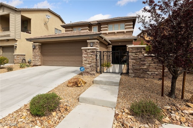 10440 Bay Ginger Ln, Las Vegas, NV 89135 - view of front of home featuring a gate, stone siding, concrete driveway, stucco siding, and an attached garage