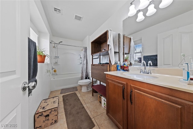 10440 Bay Ginger Ln, Las Vegas, NV 89135 - bathroom with toilet, vanity, shower / tub combo with curtain, tile patterned flooring, and a chandelier