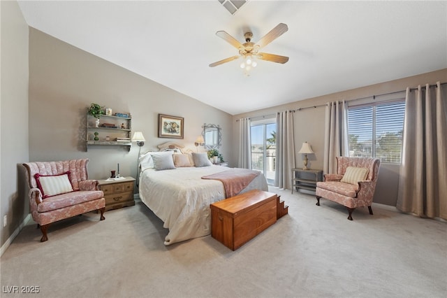 6999 Stone Meadows Ave, Las Vegas, NV 89142 - bedroom featuring light colored carpet, vaulted ceiling, access to exterior, baseboards, and ceiling fan