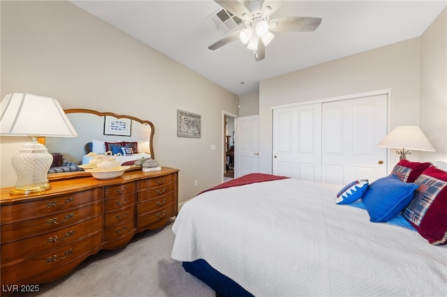 6999 Stone Meadows Ave, Las Vegas, NV 89142 - bedroom featuring a closet, light carpet, and a ceiling fan