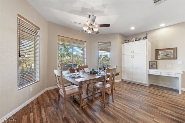 6999 Stone Meadows Ave, Las Vegas, NV 89142 - dining area with wood finished floors, baseboards, a ceiling fan, recessed lighting, and a desk