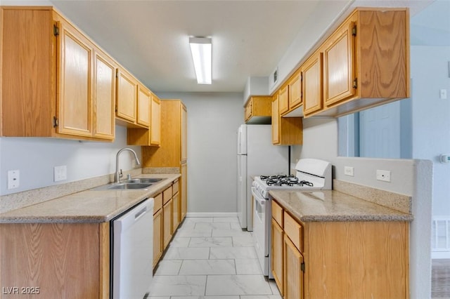 3318 N Decatur Blvd Unit 2110, Las Vegas, NV 89130 - kitchen featuring white appliances, a sink, light marble finish floors, light stone countertops, and baseboards