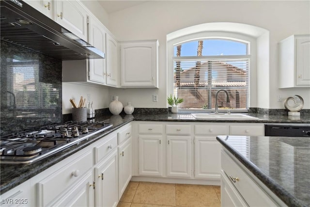 8714 Las Posas Ave, Las Vegas, NV 89147 - kitchen with a sink, stainless steel gas stovetop, under cabinet range hood, white cabinetry, and dishwasher