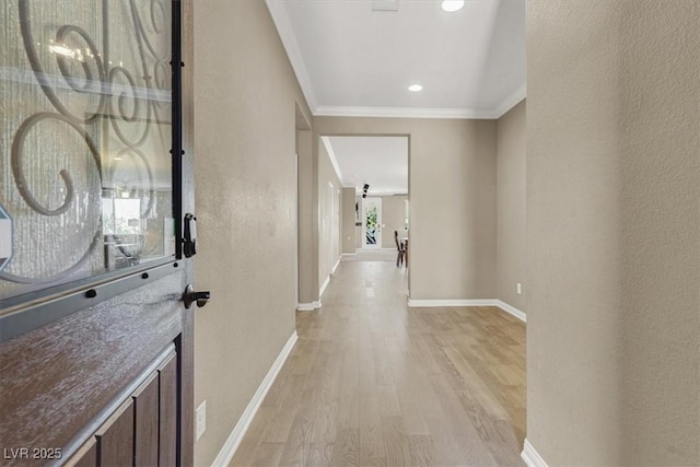 7428 Alamo Ranch Ave, Las Vegas, NV 89179 - foyer entrance with light wood-style floors, crown molding, baseboards, and recessed lighting