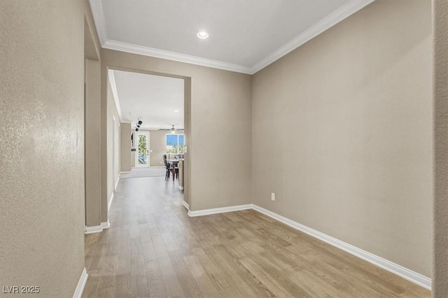 7428 Alamo Ranch Ave, Las Vegas, NV 89179 - hallway featuring light wood-style flooring, ornamental molding, baseboards, and recessed lighting