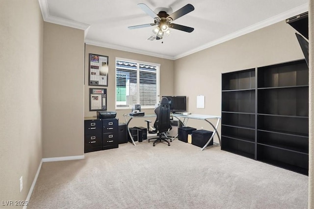 7428 Alamo Ranch Ave, Las Vegas, NV 89179 - carpeted home office featuring baseboards, ceiling fan, and ornamental molding