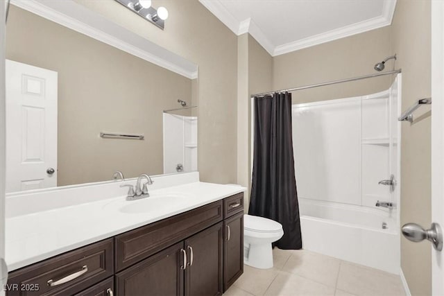 7428 Alamo Ranch Ave, Las Vegas, NV 89179 - full bath with crown molding, toilet, tile patterned floors, vanity, and shower / tub combo with curtain