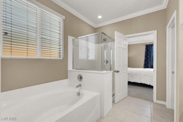 7428 Alamo Ranch Ave, Las Vegas, NV 89179 - bathroom featuring ornamental molding, tile patterned flooring, a stall shower, a garden tub, and connected bathroom