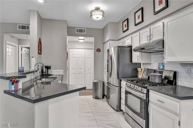 8501 W University Ave Unit 1083, Las Vegas, NV 89147 - kitchen featuring appliances with stainless steel finishes, under cabinet range hood, a sink, light marble finish flooring, and dark countertops
