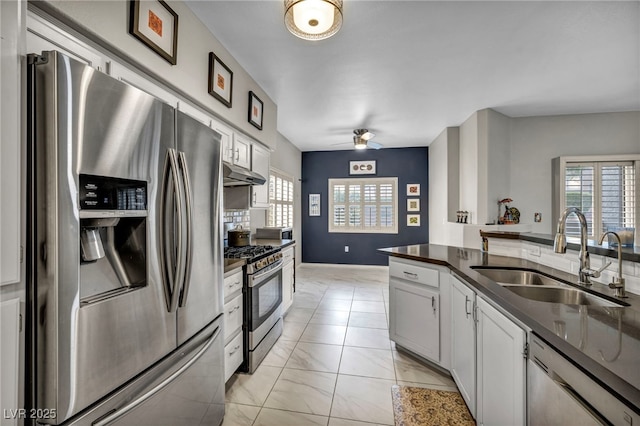 8501 W University Ave Unit 1083, Las Vegas, NV 89147 - kitchen featuring appliances with stainless steel finishes, a sink, under cabinet range hood, dark countertops, and healthy amount of natural light