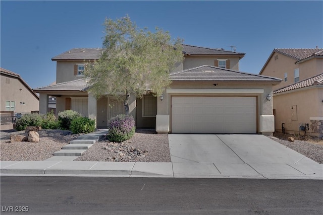 5912 Kit Cove Ct, Las Vegas, NV 89131 - obstructed view of property with an attached garage, driveway, stucco siding, and a tile roof