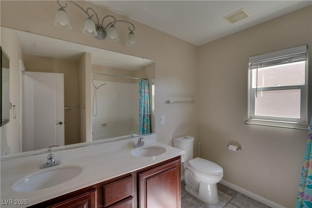 5912 Kit Cove Ct, Las Vegas, NV 89131 - full bath with double vanity, a shower with shower curtain, toilet, baseboards, and tile patterned floors