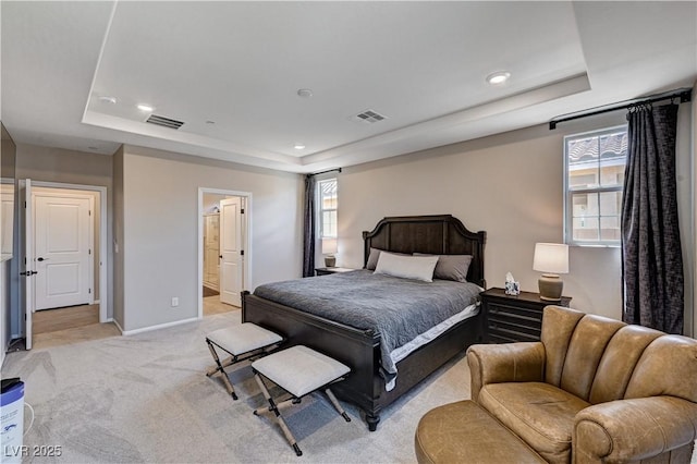 2902 Ventana Ridge Ave, Henderson, NV 89044 - bedroom with a tray ceiling, multiple windows, light carpet, and recessed lighting