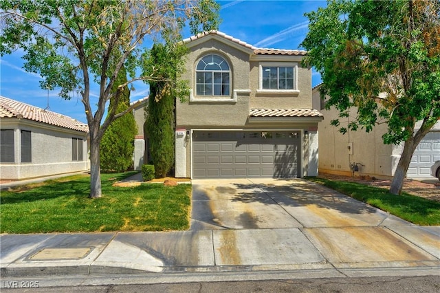 1724 Navajo Lake Way, Las Vegas, NV 89128 - mediterranean / spanish-style home featuring a garage, concrete driveway, a tiled roof, a front yard, and stucco siding