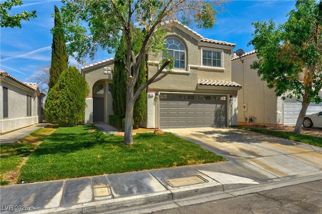1724 Navajo Lake Way, Las Vegas, NV 89128 - view of front of property featuring a tile roof, an attached garage, concrete driveway, a front yard, and stucco siding