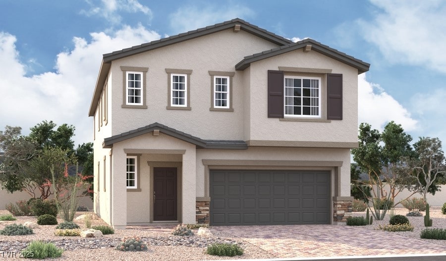 9909 Angel Valley Dr, Las Vegas, NV 89178 - view of front facade with stucco siding, a garage, driveway, and stone siding