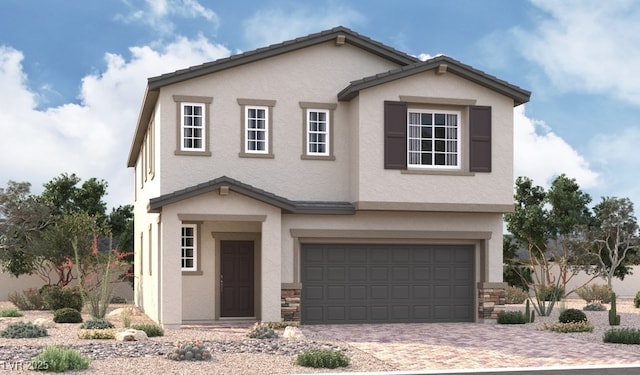 9909 Angel Valley Dr, Las Vegas, NV 89178 - view of front facade with stucco siding, a garage, driveway, and stone siding
