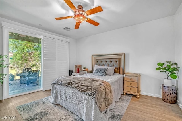 153 Via Di Mello, Henderson, NV 89011 - bedroom with access to outside, wood finished floors, ceiling fan, and baseboards