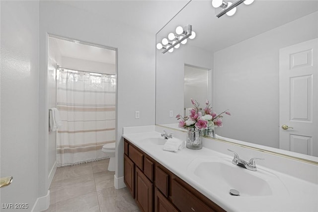 11158 Antonine Wall Ct, Las Vegas, NV 89141 - bathroom with toilet, double vanity, curtained shower, and baseboards