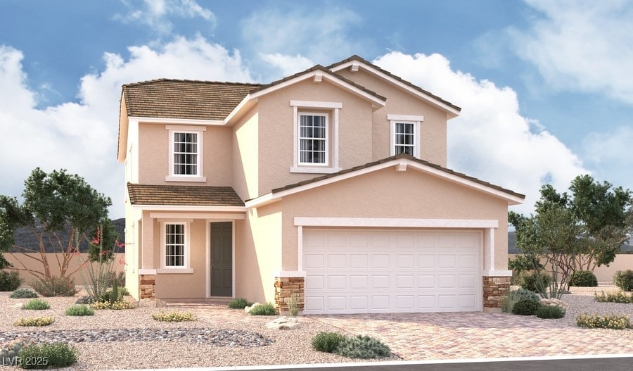 9915 Angel Valley Dr, Las Vegas, NV 89178 - traditional-style house featuring stucco siding, stone siding, and driveway