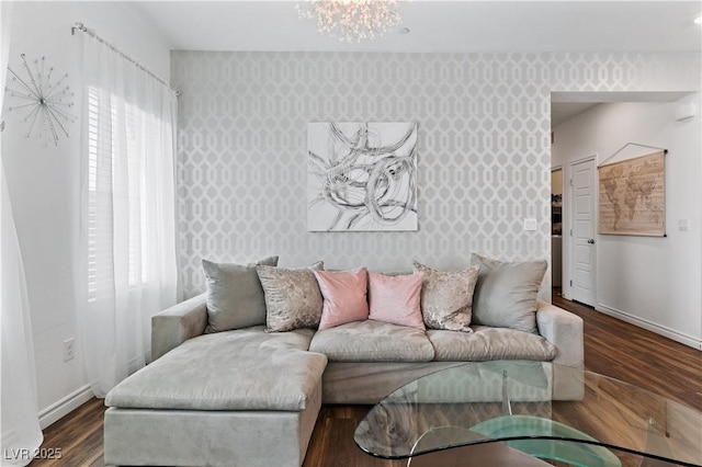 3729 Canis Minor Ln Unit 10206, Henderson, NV 89052 - living area featuring wallpapered walls, baseboards, an accent wall, wood finished floors, and a chandelier