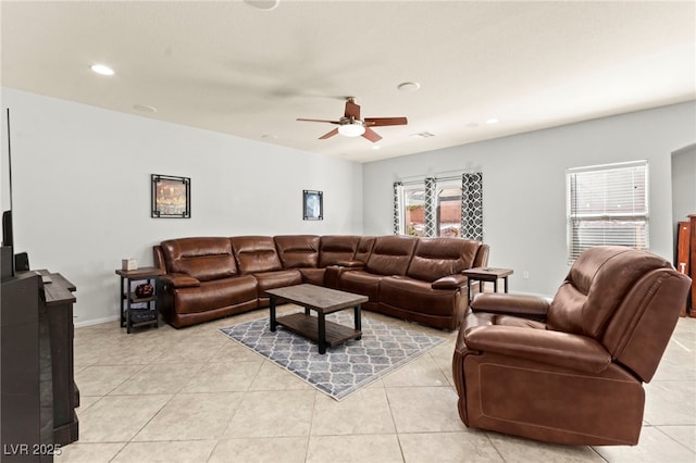 7641 Lani Dawn St, Las Vegas, NV 89149 - living area featuring light tile patterned floors, a ceiling fan, recessed lighting, and baseboards