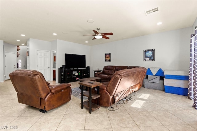 7641 Lani Dawn St, Las Vegas, NV 89149 - living room with recessed lighting, a ceiling fan, and light tile patterned floors