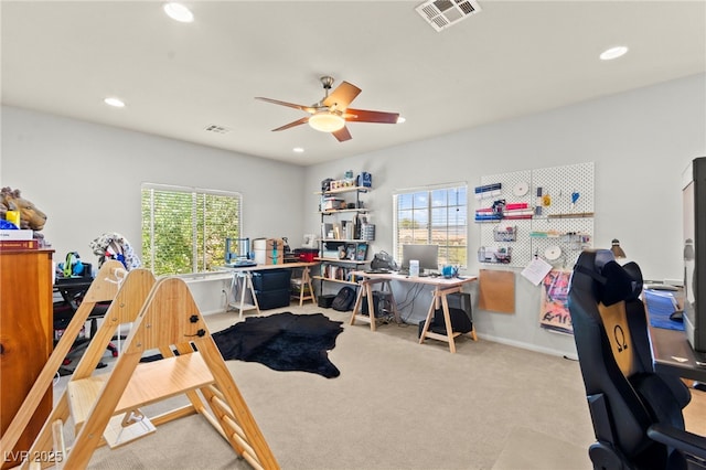 7641 Lani Dawn St, Las Vegas, NV 89149 - office area featuring ceiling fan, recessed lighting, healthy amount of natural light, carpet flooring, and baseboards