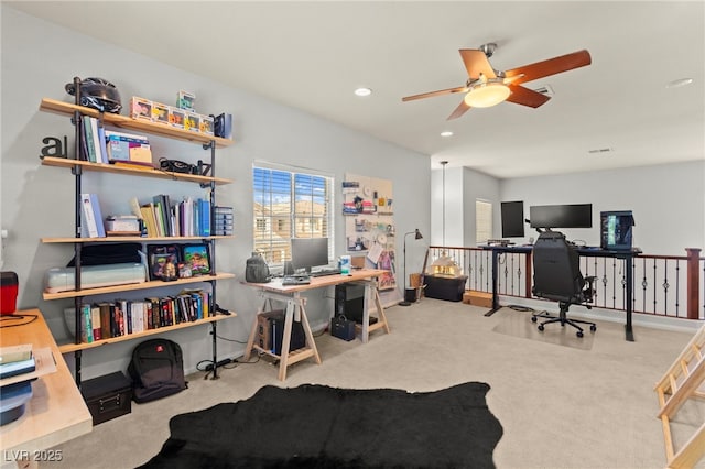 7641 Lani Dawn St, Las Vegas, NV 89149 - home office with carpet flooring, a ceiling fan, and recessed lighting