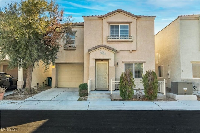 7632 Calico Fields St, Las Vegas, NV 89149 - view of front of house featuring a garage, stucco siding, driveway, a tile roof, and central air condition unit