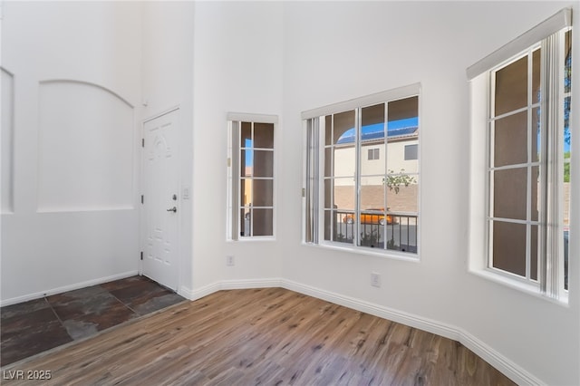 foyer entrance featuring baseboards, wood finished floors, and a high ceiling