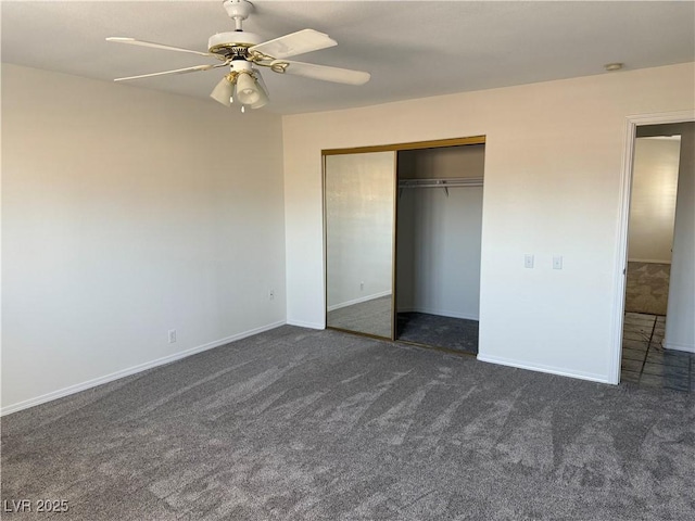 311 Glenoaks St, Pahrump, NV 89048 - unfurnished bedroom featuring carpet flooring, a closet, baseboards, and ceiling fan