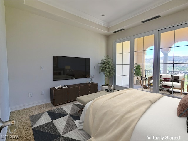 carpeted bedroom with ornamental molding, access to exterior, and baseboards