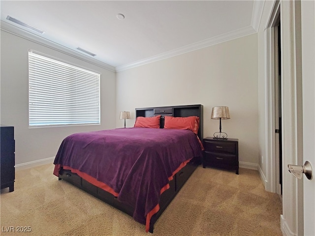 bedroom featuring carpet, ornamental molding, and baseboards