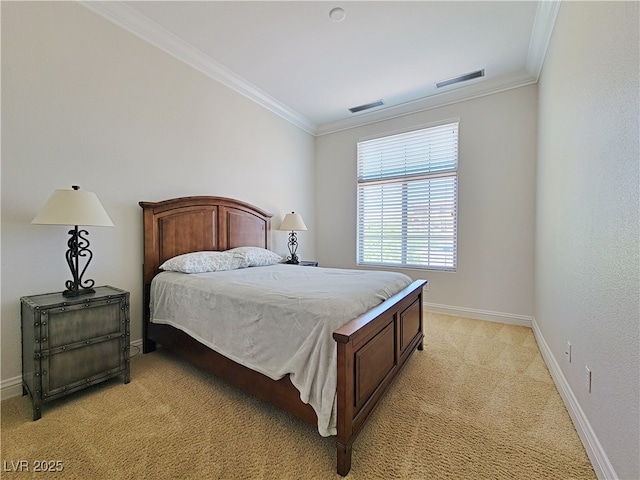 bedroom with ornamental molding, light colored carpet, and baseboards