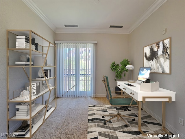 office area with crown molding, carpet, and baseboards