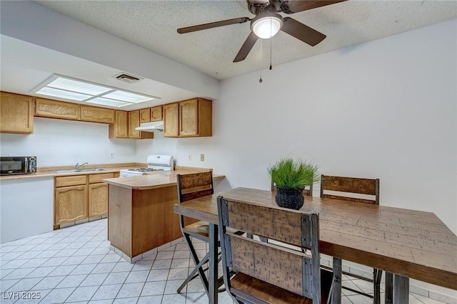 875 Rhinegold Way, Las Vegas, NV 89110 - kitchen featuring white stove, black microwave, under cabinet range hood, a peninsula, and a sink