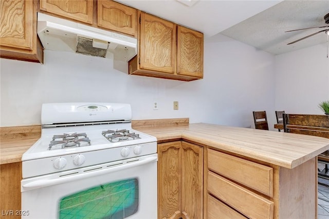 875 Rhinegold Way, Las Vegas, NV 89110 - kitchen with white range with gas cooktop, range hood, a peninsula, ceiling fan, and light countertops