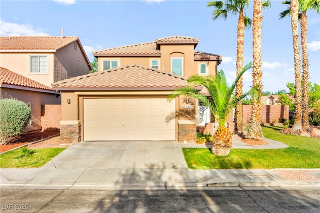 mediterranean / spanish house with a garage, concrete driveway, a tile roof, stucco siding, and stone siding