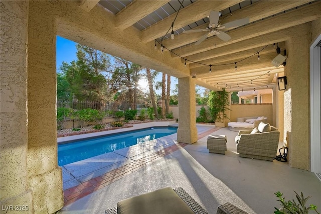 5125 Turnberry Ln, Las Vegas, NV 89113 - view of pool featuring a fenced backyard, a patio area, a ceiling fan, and an outdoor hangout area