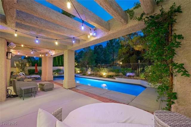 5125 Turnberry Ln, Las Vegas, NV 89113 - pool at night with a fenced backyard, a patio, and a pergola