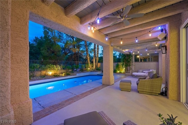 5125 Turnberry Ln, Las Vegas, NV 89113 - view of pool featuring a fenced backyard, ceiling fan, a patio, and an outdoor hangout area