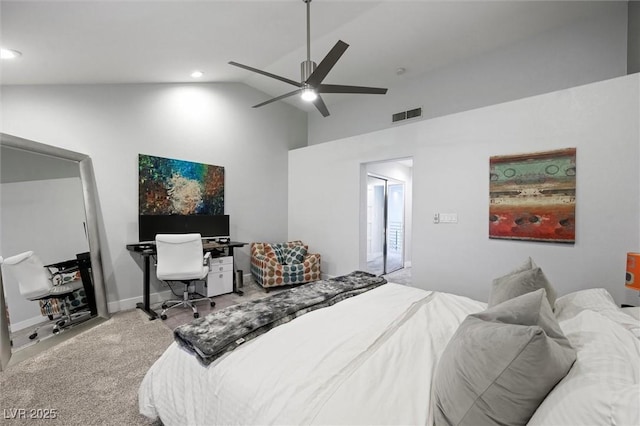 5125 Turnberry Ln, Las Vegas, NV 89113 - bedroom featuring carpet flooring, high vaulted ceiling, and a ceiling fan