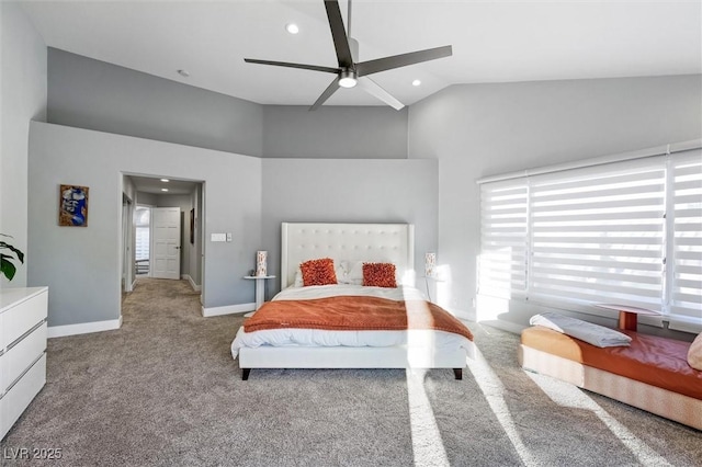 5125 Turnberry Ln, Las Vegas, NV 89113 - bedroom with carpet floors, multiple windows, high vaulted ceiling, baseboards, and recessed lighting