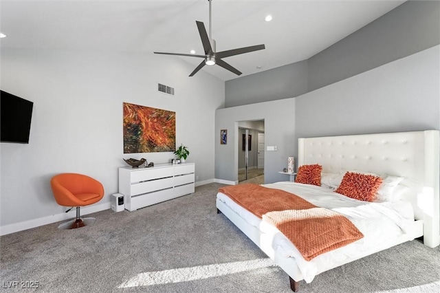 5125 Turnberry Ln, Las Vegas, NV 89113 - bedroom featuring high vaulted ceiling, carpet floors, baseboards, recessed lighting, and ceiling fan