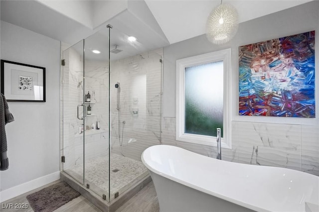 5125 Turnberry Ln, Las Vegas, NV 89113 - full bath with a marble finish shower, a soaking tub, recessed lighting, and tile walls