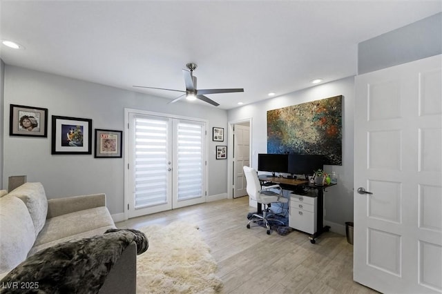 5125 Turnberry Ln, Las Vegas, NV 89113 - office featuring french doors, ceiling fan, baseboards, light wood-style flooring, and recessed lighting